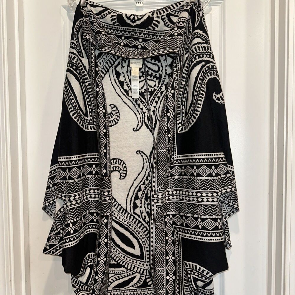 Chico's L XL Abstract Open Front Wool Blend Boho Poncho Kimono Festival Aztec